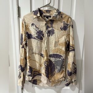 Michael Kors Men's Casual Shirt with Beige and Blue Leaf Design